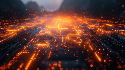 Fototapeta premium Fiery Circuit Board Pathway Through Mountainous Landscape