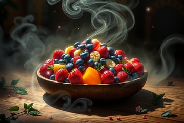 Naklejka premium Colorful fruit bowl with steam and fresh berries including strawberries blueberries and mango on wooden table