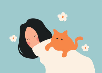 happy woman with cat on her back, with flowers on background.  Hand drawn Vector illustration.