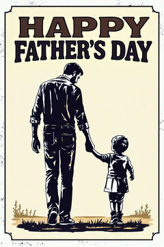 A retro-style poster of a father holding a child's hand on Father's Day.