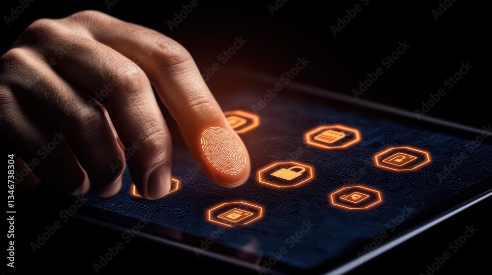 Poster secure online payment concept with fingerprint authentication on digital tablet screen