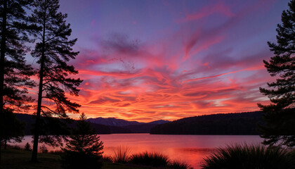 Obraz premium Stunning sunset over tranquil lakeside with silhouetted trees, serenity