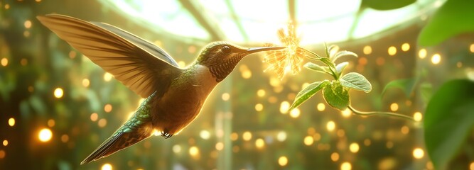 A robotic hummingbird hovering over a glowing cybernetic flower in a futuristic greenhouse