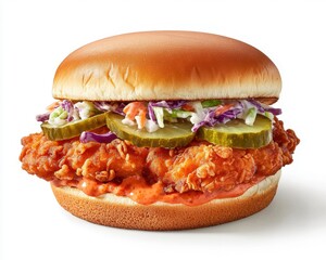 Crispy fried chicken sandwich with pickles and coleslaw on bun