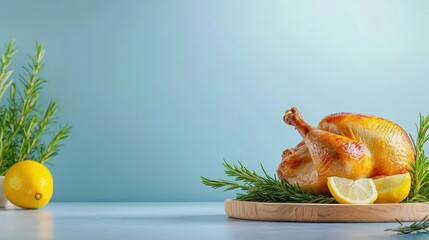 Roasted Chicken with Lemon and Herbs on Wooden Board