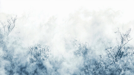 Watercolor illustration of a misty forest landscape in winter