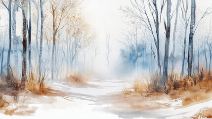 Fototapeta premium Watercolor illustration of a misty forest landscape in winter