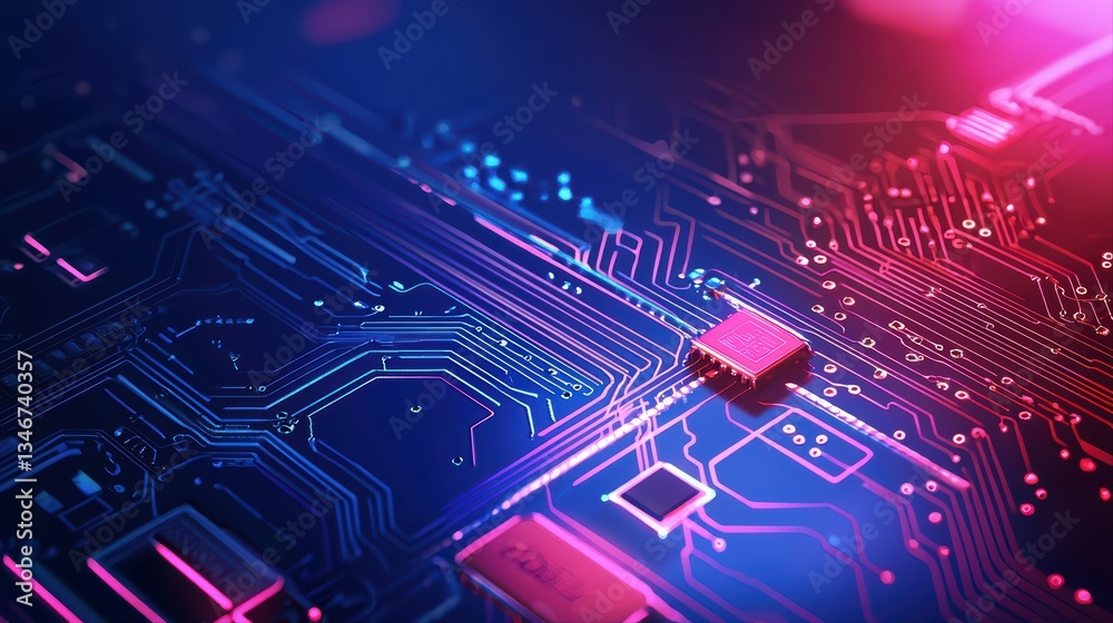 Poster close-up view of a high-tech motherboard with vibrant led lighting and complex circuit patterns