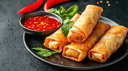 Crispy Spring Rolls with Chili Sauce and Fresh Herbs on Plate