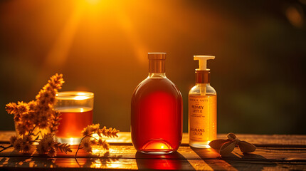 Warm still life with amber bottles and jars on a wooden table with golden light.