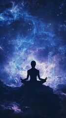 Meditating silhouette soars through colorful cosmic space.