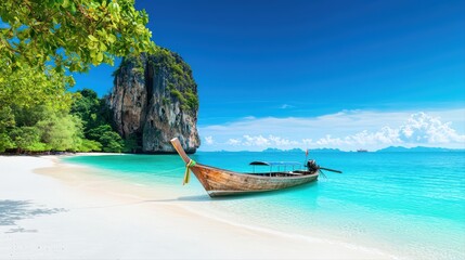 Fototapeta premium Breathtaking Tropical Beach View with Clear Water and Traditional Boat in Scenic Paradise