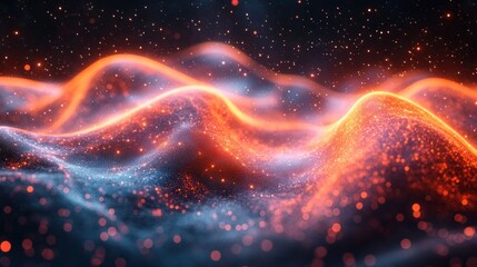 Abstract glowing orange and blue waves in a cosmic nebula background