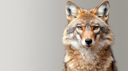 Fototapeta premium A close-up portrait of a coyote with piercing eyes and detailed fur, set against a neutral background.