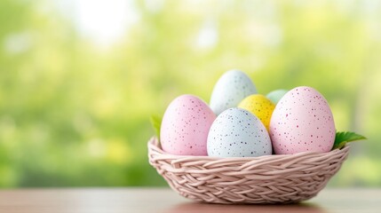 Fototapeta premium Colorful Easter eggs in a woven nest, springy bokeh background