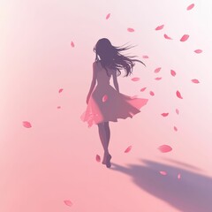 Fototapeta premium Girl in dress walks amidst falling petals