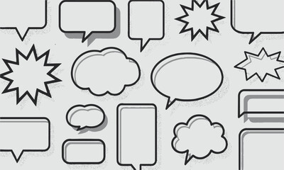 A modern vector-style illustration of various comic speech bubbles with halftone shadows, easily editable.