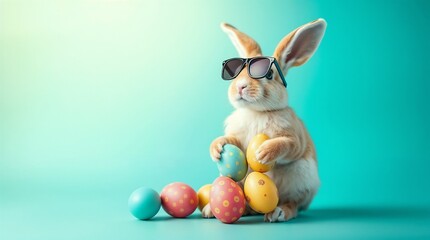Fototapeta premium An easter bunny rabbit wearing sunnies sunglasses holding colourful easter eggs against a turquoise isolated background with room for text