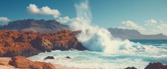 Fototapeta premium Powerful waves crashing on rocky shore