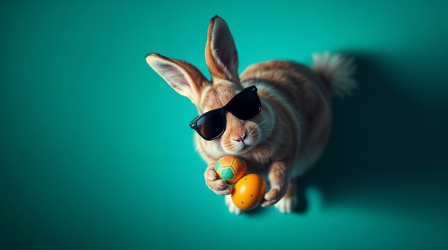 An easter bunny rabbit wearing sunnies sunglasses holding colourful easter eggs against a turquoise isolated background with room for text