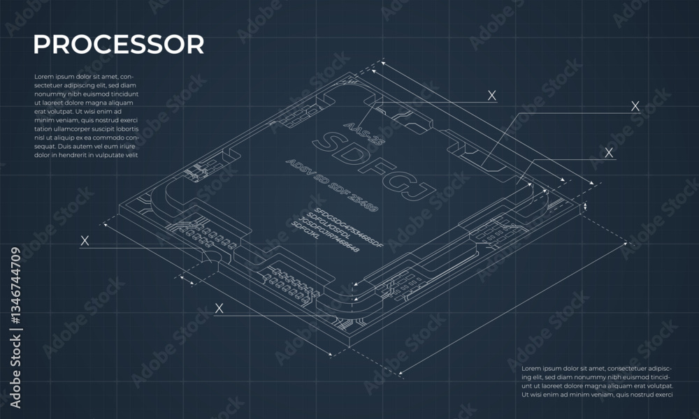 Poster Isometric processor blueprint. Central processing unit or CPU. Computer hardware components. Semiconductor technology concept. Vector illustration