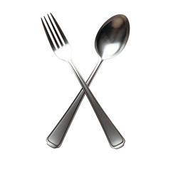 Crossed aluminum spoon and fork on clean transparent background, professional studio lighting for commercial food packaging and advertising materials.