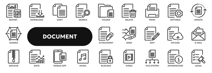 Set of vector line icons related to business office documents and papers, accounting and audit, computer file system. Symbols for web or app UI, logo design, illustration