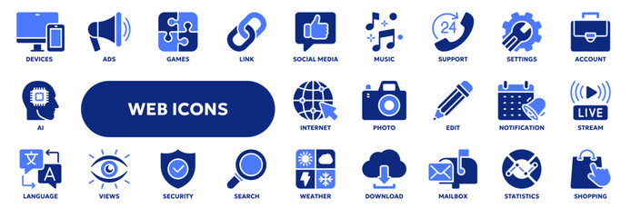 Set of vector solid icons related to internet, communication, contact. Symbols for website or app UI, logo design, illustration