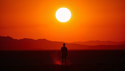 Silhouette of a person against a vibrant sunset in desert, reflection