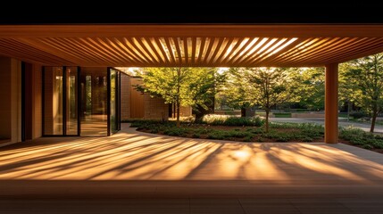 Modern outdoor patio with sunlit pergola