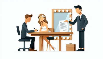 Fototapeta premium Model signing contract in makeup studio professional setting artistic environment close-up view