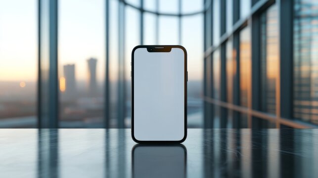 Smartphone stands vertically on a reflective surface in modern office