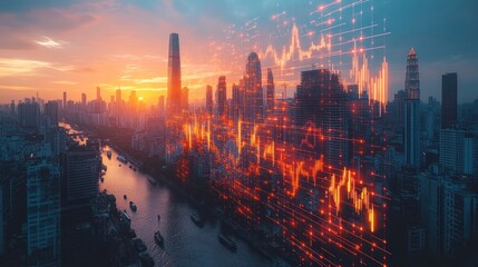 Fototapeta premium City skyline at sunrise with financial data overlay