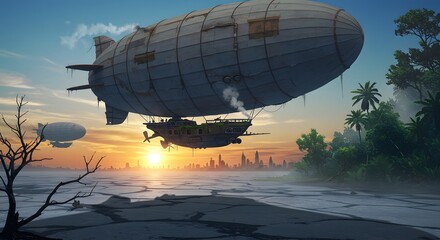 Obraz premium Airship Flying Over Sunset Landscape with City Silhouette and Tropical Elements