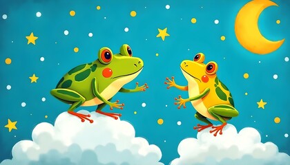 Obraz premium Two Green Frogs on Clouds at Night Cute Frog Illustration