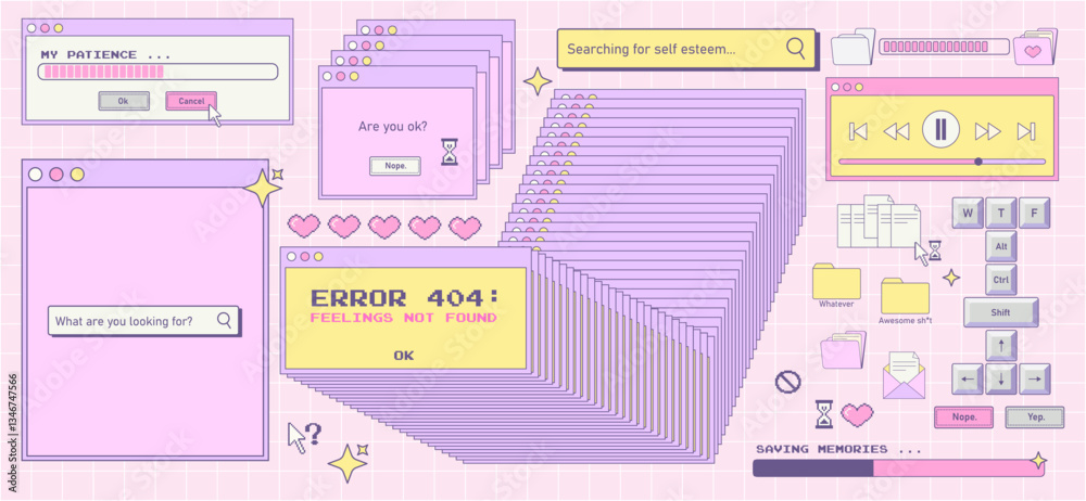 Fototapete trendy y2k sticker set. old computer aesthetic.retro user interface windows, errors, buttons for mus