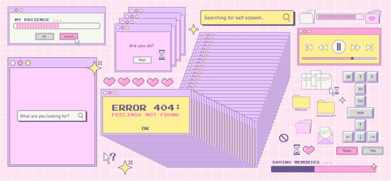 Trendy y2k sticker set. Old computer aesthetic.Retro user interface windows, errors, buttons for music control. Nostalgia for 1990s -2000s.Vector illustration