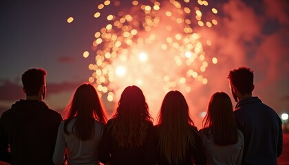 Fototapeta premium Fireworks illuminate the night sky in radiant colors over a city skyline, reflected on calm waters below. This dazzling scene celebrates freedom, unity, and the essence of Independence Day.