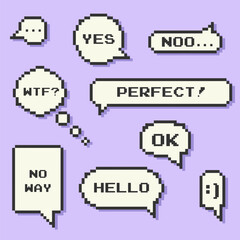 Set of Pixel speech bubbles or chat icons. Pixel art communication bubbles or message boxes with trending chat words . Vector illustration