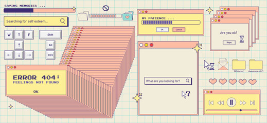 Trendy y2k sticker set. Old computer aesthetic.Retro user interface windows, errors, buttons for music control. Nostalgia for 1990s -2000s.Vector illustration
