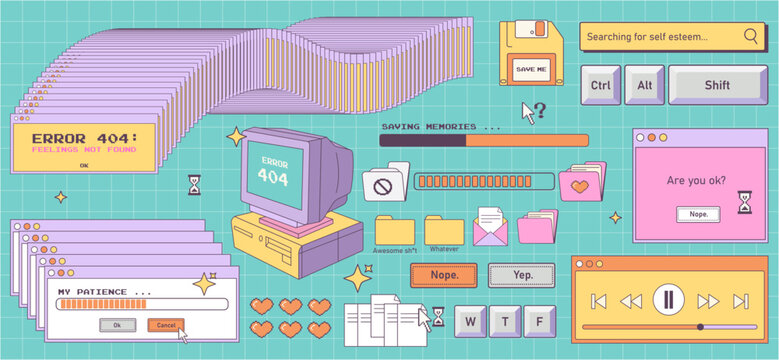 Big sticker collection in trendy retro y2k style. Old computer aesthetic.Retro user interface. Glamour 2000s. Nostalgia for 1990s -2000s.Vector illustration