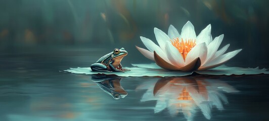 Zen Ink Frog and Lotus, Frog and lily pads