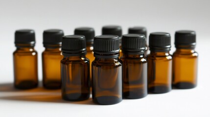 Amber glass bottles for aromatherapy oils. Essential oil packaging, natural medicine