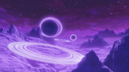 Naklejka premium Alien landscape with glowing rings, starry night