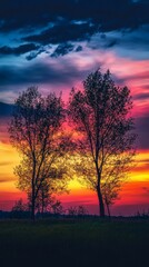 Naklejka premium Vivid sunset colors silhouettes trees field nature
