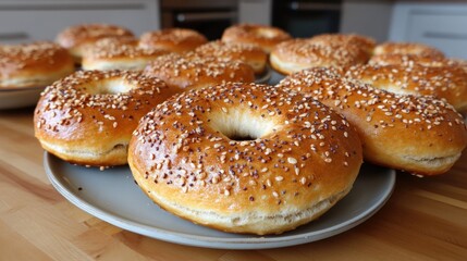 Fototapeta premium Homemade bagels, various shapes, stacked on plates