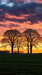 Trees silhouetted against vibrant colorful sunset sky.