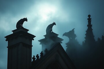 Fototapeta premium Gargoyles guard shadowed architecture in eerie blue light.