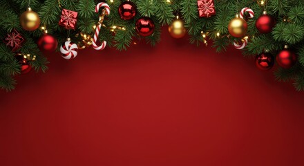 Christmas Garland Frame on Red Background