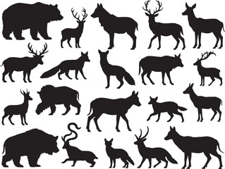 Fototapeta premium Wild animal silhouettes vector collection features black icons of horse, deer, goat, elephant, lion, tiger, and wolf